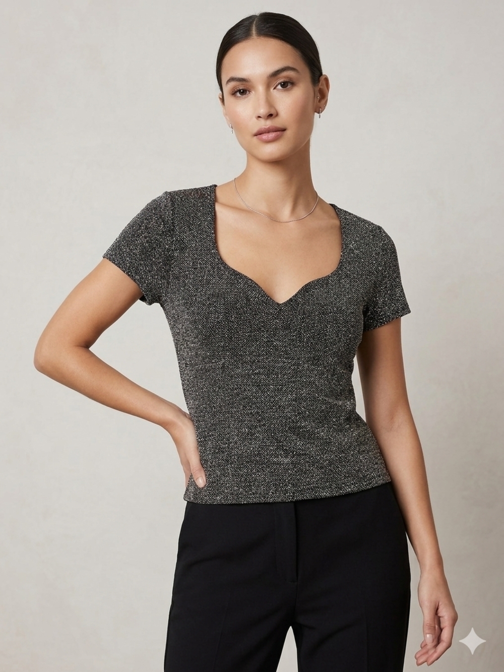 Express Metallic Silver Sparkle V-Neck Blouse